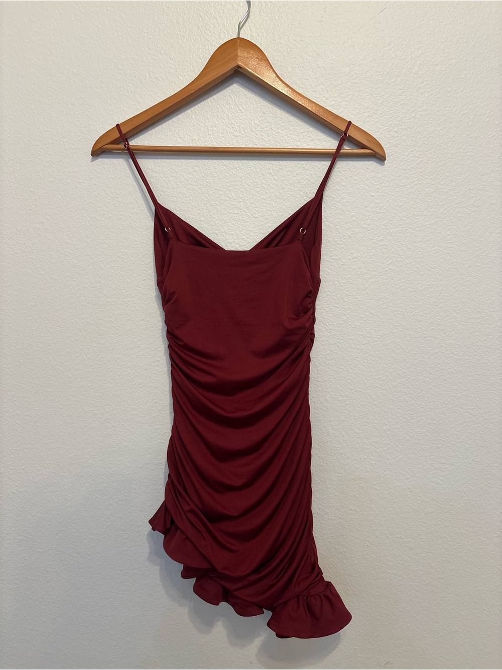 Oh Polly Ruched Asymmetric Ruffle Mini Dress Burgundy Wine Red Size US 4 / UK 8 - Picture 2 of 7